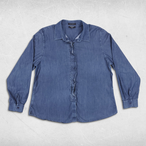 Foxcroft Chambray Shirt Wmns 18 Blue Dark Wash Ruffle Placket Long Sleeve Preppy - Picture 1 of 10